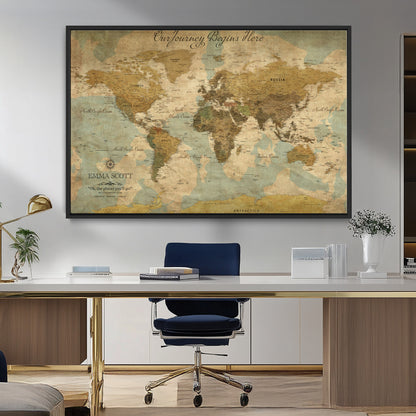54795344-MGV-FC-36X24_Black-Personalized World Map Wall Art – Vintage Adventure Travel Map with Custom Names, Rustic Wall Décor for Couples, Families