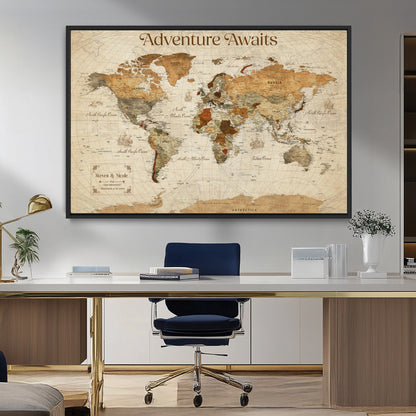 18685073-MGV-CV-36X24-Personalized World Map Wall Art – Antique Vintage Parchment Adventure Awaits Travel Map with Custom Couple Names, Rustic Wall