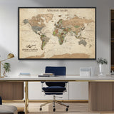 62766900-MGV-CV-36X24-Personalized World Map Wall Art – Antique Parchment Adventure Travel Map with Custom Couple Names, Rustic Wall Decor for Home,