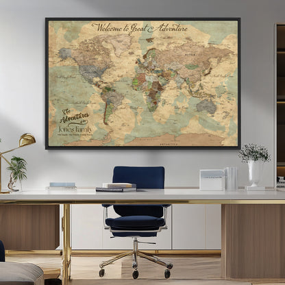 32019746-MGV-FC-36X24_Black-Personalized World Map Wall Art – Vintage Camo Adventure Travel Map with Custom Family Names, Rustic Wall Decor for Couples, Home