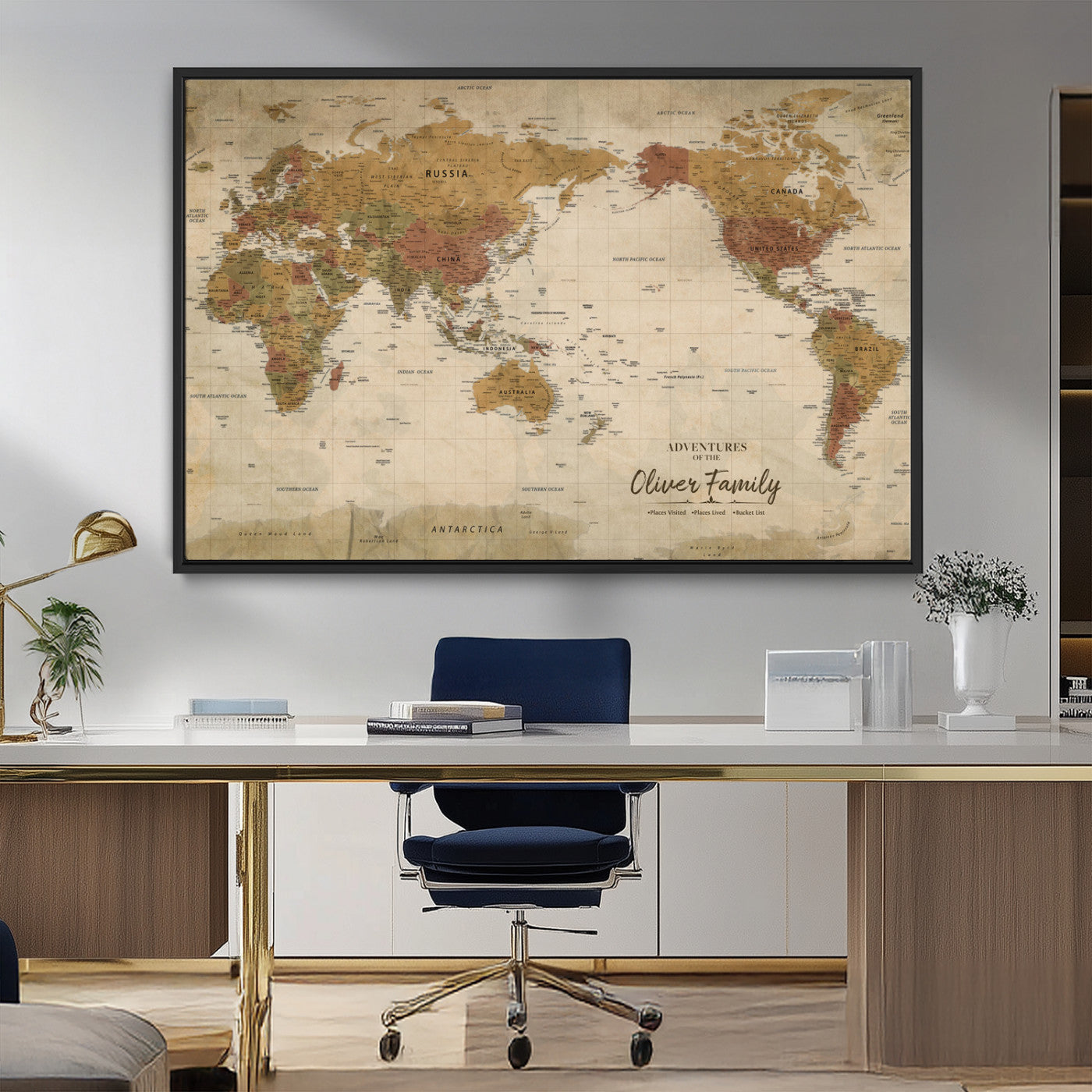 31874045-MGV-FC-36X24_Black-Personalized World Map Wall Art – Vintage Earth Tone Adventure Map with Custom Family Names, Rustic Travel Decor for Home, Couples