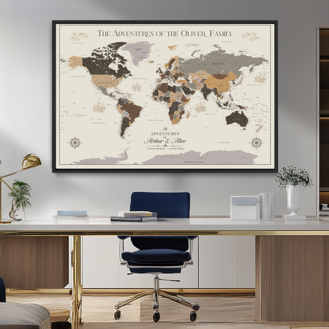 40679469-MGV-FC-36X24_Black-Personalized World Map Wall Art – Neutral Tones Adventure Travel Map with Custom Family Names, Rustic Wall Decor for Living Room