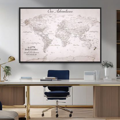 11706567-MGV-FC-36X24_Black-Personalized World Map Wall Art – Minimalist Beige Adventure Travel Map with Custom Names, Elegant Push Pin Canvas for Couples,