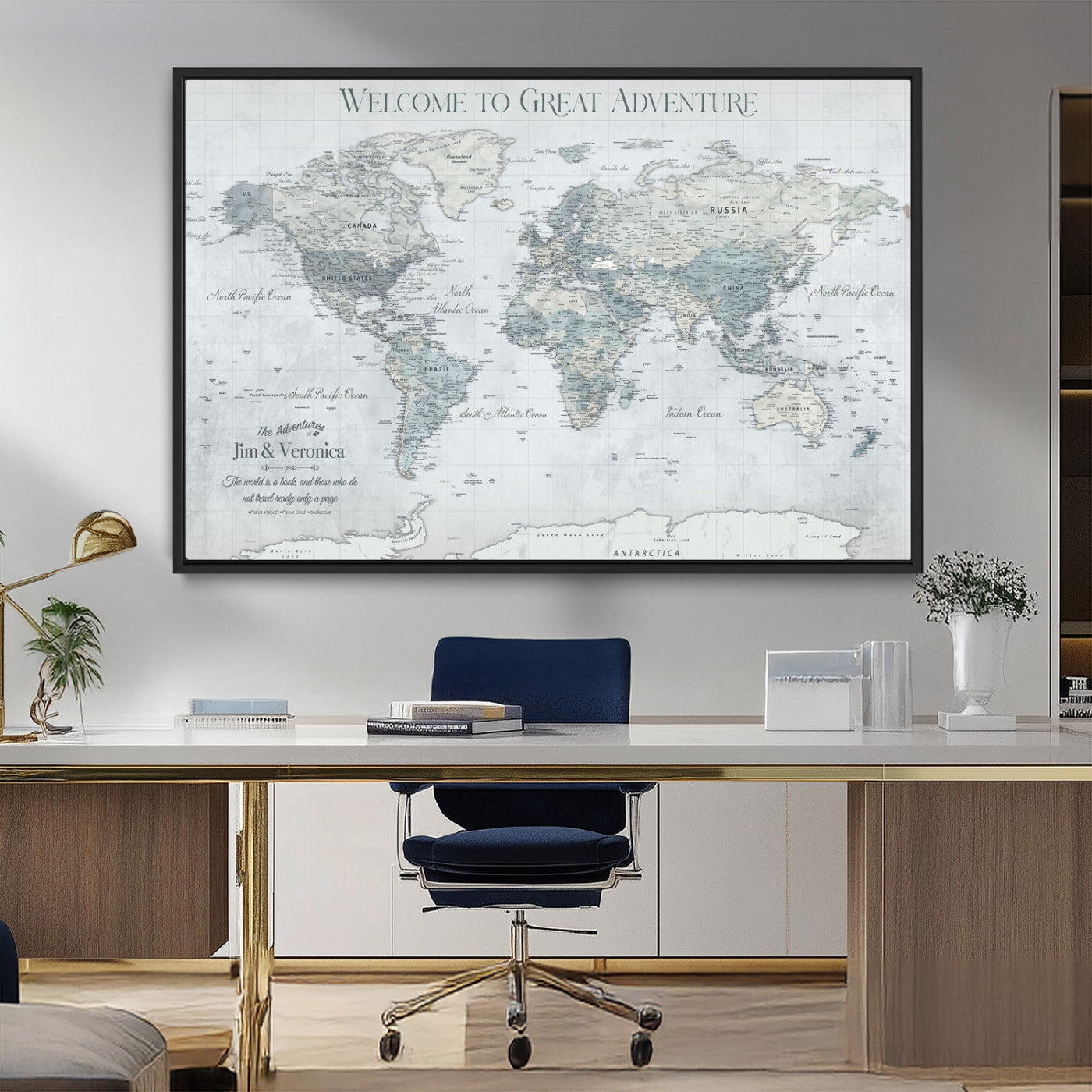 70605050-MGV-CV-36X24-Personalized World Map Wall Art – Cool Gray Adventure Travel Map with Custom Names, Elegant Push Pin Canvas for Couples, Family
