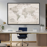 93034948-MGV-FC-36X24_Black-Personalized World Map Wall Art – Vintage Beige Adventure Travel Map with Custom Names, Elegant Push Pin Canvas for Couples,