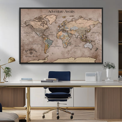 93226713-MGV-FC-36X24_Black-Personalized World Map Wall Art – Adventure Awaits Rustic Earth-Tone Travel Map with Custom Names, Vintage Wall Decor for Couples,