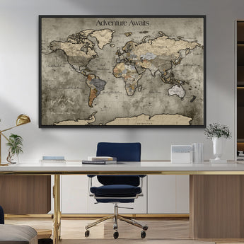 72658967-MGV-FC-36X24_Black-Personalized World Map Wall Art – Adventure Awaits Rustic Sepia Travel Map with Custom Names, Vintage Wall Decor for Couples, Home