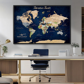 80965072-MGV-FC-36X24_Black-Personalized World Map Wall Art – Adventure Awaits Navy Blue Travel Map with Custom Names, Rustic Vintage Wall Decor for Couples,