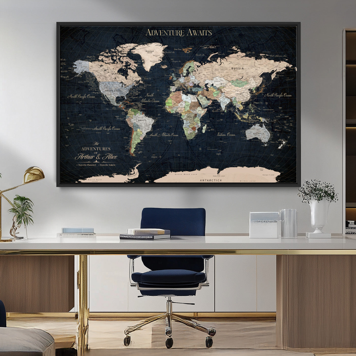 15547583-MGV-FC-36X24_Black-Personalized World Map Wall Art – Rustic Navy Adventure Awaits Travel Map with Custom Couple Names, Vintage Wall Decor for Home or