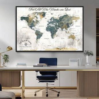 16233493-MGV-CV-36X24-Personalized World Map Wall Art – Rustic Blue Green Wanderlust Travel Map with Custom Couple Names, Vintage Wall Decor for Home
