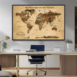 50680593-MGV-FC-36X24_Black-Personalized World Map Wall Art – Rustic Brown Adventure Travel Map with Custom Names, Elegant Push Pin Canvas for Couples Home,