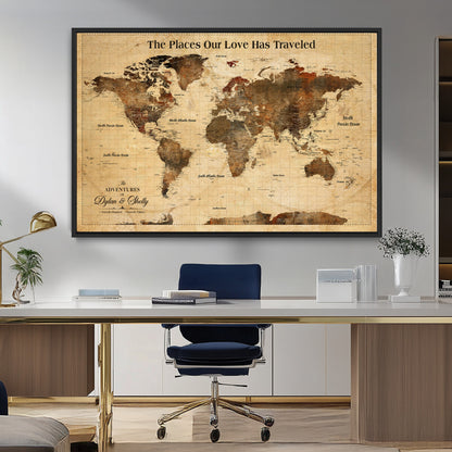 50680593-MGV-FC-36X24_Black-Personalized World Map Wall Art – Rustic Brown Adventure Travel Map with Custom Names, Elegant Push Pin Canvas for Couples Home,