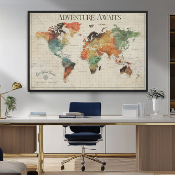 24737989-MGV-FC-36X24_Black-Personalized World Map Wall Art – Colorful Vintage Adventure Travel Map with Custom Names, Unique Wall Decor for Couples,