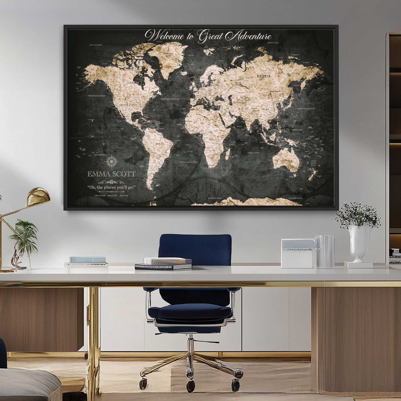 70534097-MGV-FC-36X24_Black-Personalized World Map Wall Art – Dark Vintage Adventure Style Travel Map with Custom Names, Unique Wall Decor for Couples, Home