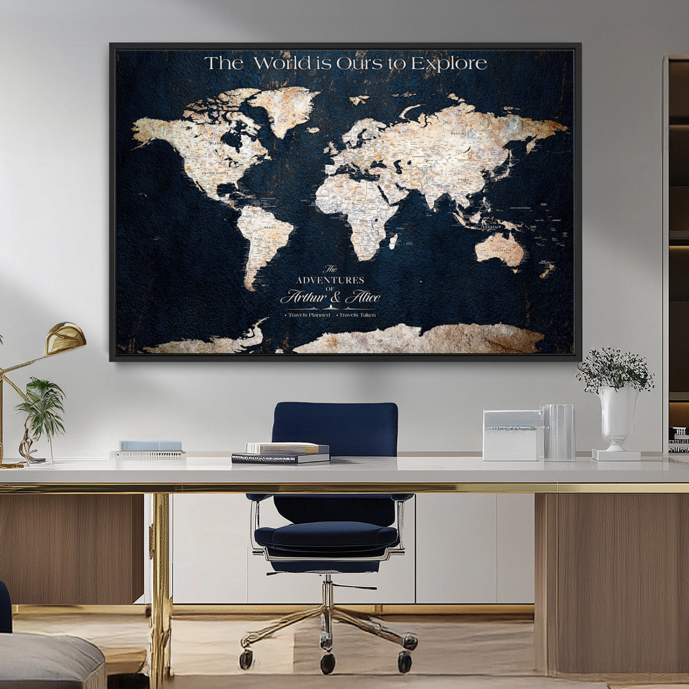 13231361-MGV-FC-36X24_Black-Personalized World Map Wall Art – Navy Blue Vintage Adventure Travel Map with Custom Names, Elegant Push Pin Canvas for Couples