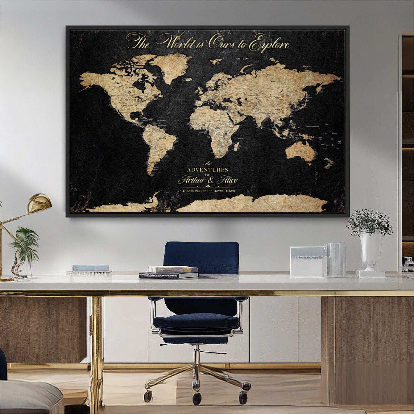98947257-MGV-FC-36X24_Black-Personalized World Map Wall Art – Vintage Black Adventure Travel Map with Custom Names, Elegant Push Pin Canvas for Couples Home