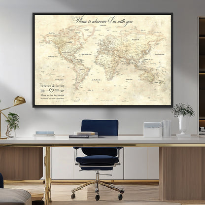57950315-MGV-FC-36X24_Black-Personalized World Map Wall Art – Vintage Beige Travel Map with Custom Names, Romantic Anniversary Gift for Couples, Adventure