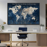 16933330-MGV-CV-36X24-Personalized World Map Wall Art – Navy Blue Vintage Travel Map with Custom Names, Anniversary Gift for Couples Romantic Adventure