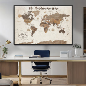 14140137-MGV-FC-36X24_Black-Personalized World Map Wall Art – Vintage Nautical Adventure Map with Ships and Compass, Rustic Sepia Tones for Travel Lovers and