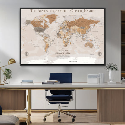 34289723-MGV-FC-36X24_Black-Personalized World Map Wall Art – Elegant Beige and Brown Adventure Map Canvas Print for Family Home, Living Room, Study or Office