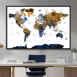 MGV-FC-36X24 - World Map Wall Art Canvas Print, Framed Blue Gold Map Art Picture Print, Rustic Atlas Perfect Rustic Modern Decor Artwork
