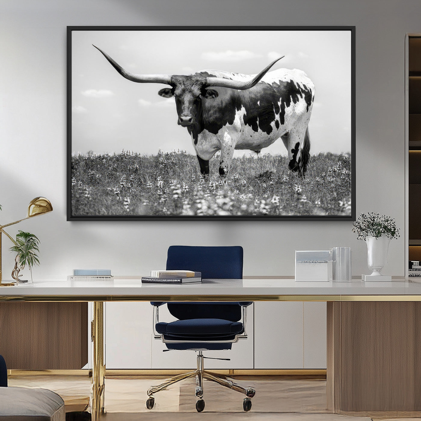 83785-MGV-FC-36X24_Black-Texas Longhorn Wall Art Canvas Print, Framed Horned Bull Art Picture Print, Monochrome Cattle Perfect Rustic Western Decor Artwork