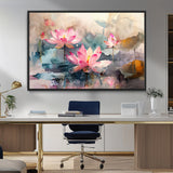 18414-MGV-FC-36X24_Black-Pink Lotus Wall Art Canvas Print, Framed Water Lily Art Picture Print, Dreamy Floral Perfect Dreamy Botanical Decor Artwork