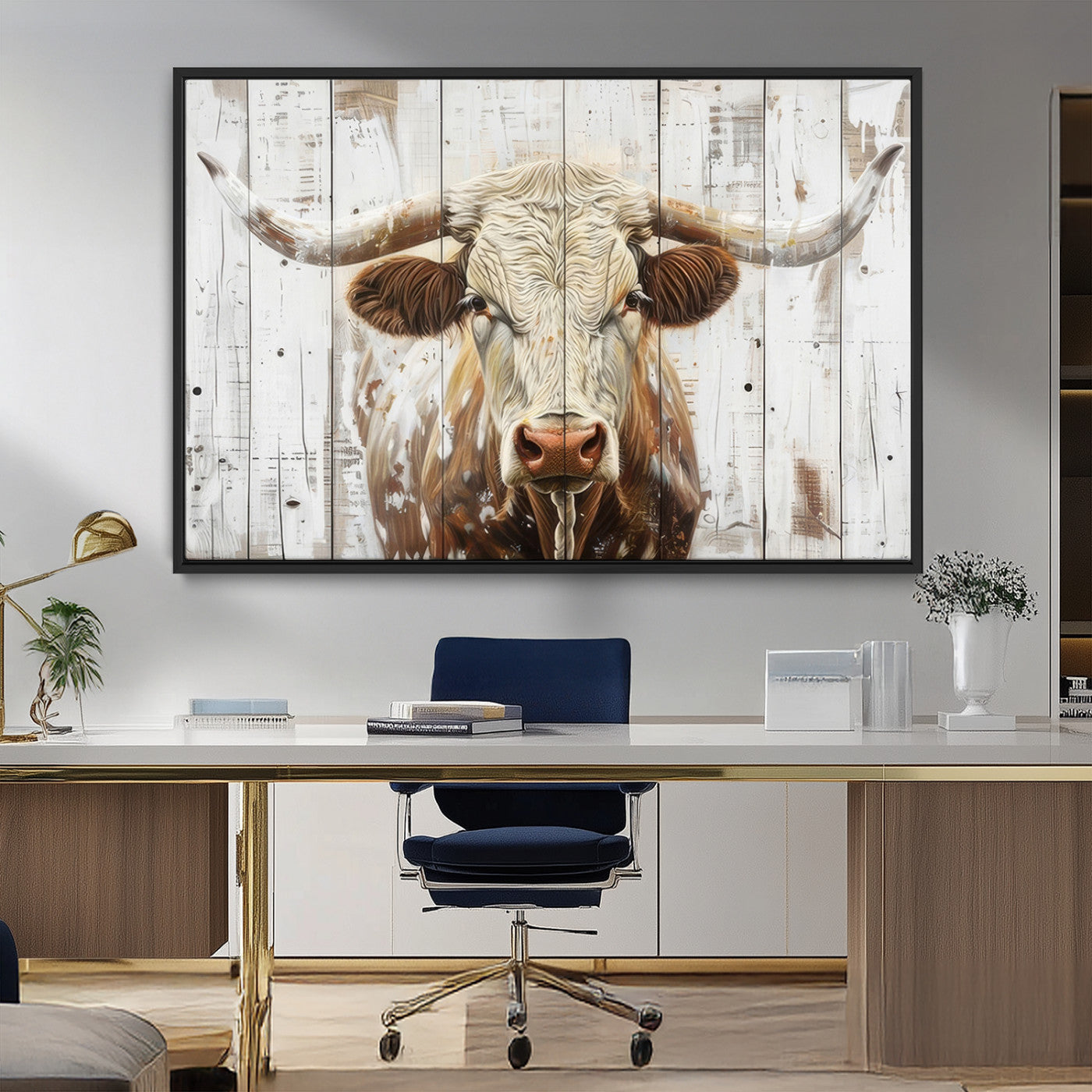 10840-MGV-FC-36X24_Black-Texas Longhorn Wall Art Canvas Print, Framed Rustic Bull Art Picture Print, Western Cattle Perfect Rustic Western Decor Artwork