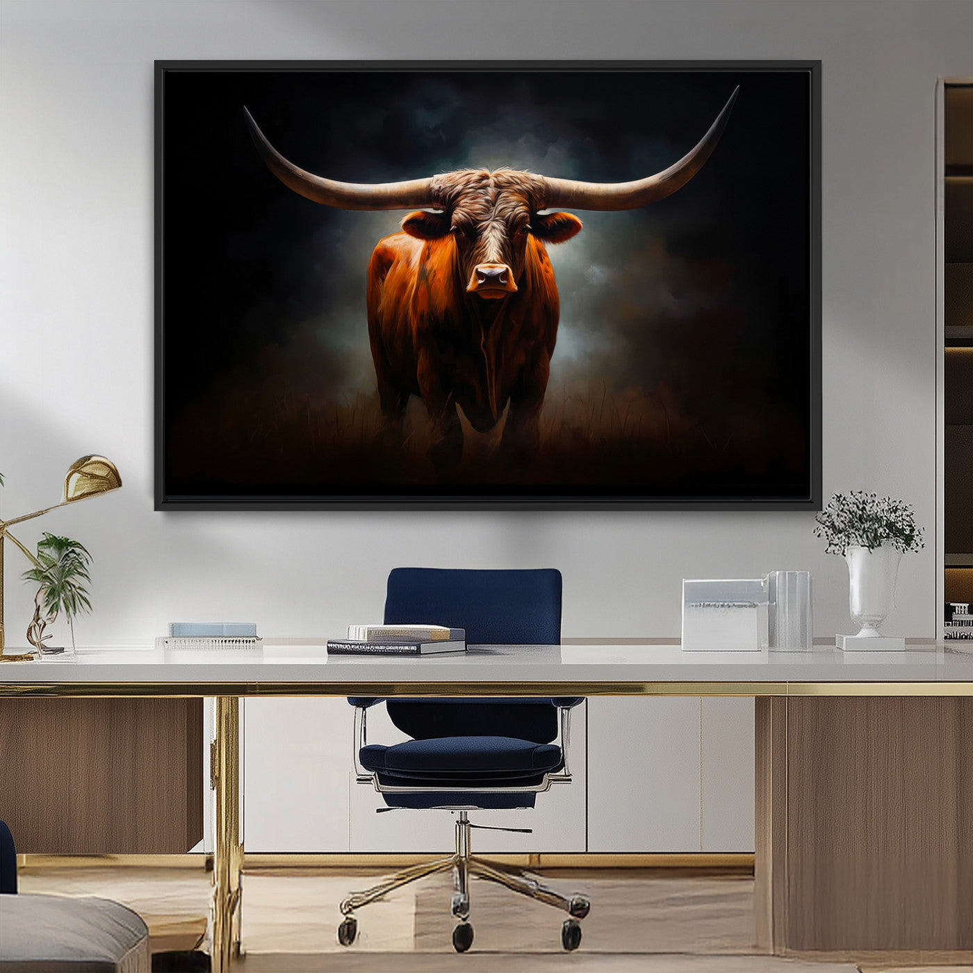 12484-MGV-CV-36X24-Texas Longhorn Wall Art Canvas Print, Framed Western Bull Art Picture Print, Moody Cattle Perfect Moody Western Decor Artwork