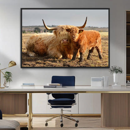 88780-MGV-FC-36X24_Black-Highland Cow Wall Art Canvas Print, Framed Cow Calf Art Picture Print, Scottish Cattle Perfect Rustic Farmhouse Decor Artwork
