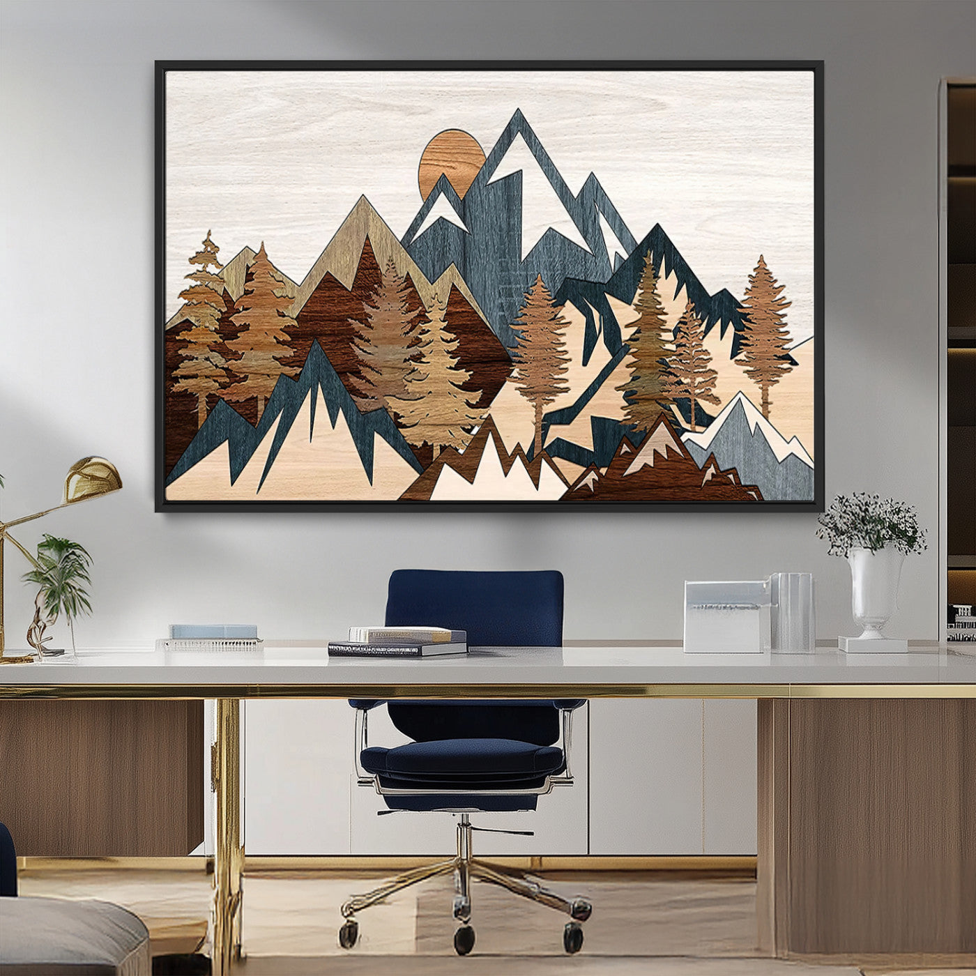 80300-MGV-FC-36X24_Black-Geometric Mountains Wall Art Canvas Print, Framed Stylized Trees Art Picture Print, Graphic Forest Perfect Rustic Abstract Decor