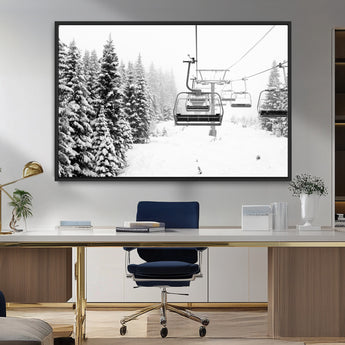 49274-MGV-FC-36X24_Black-Snowy Forest Wall Art Canvas Print, Framed Ski Lift Art Picture Print, Mountain Snow Perfect Minimal Winter Lodge Decor Artwork