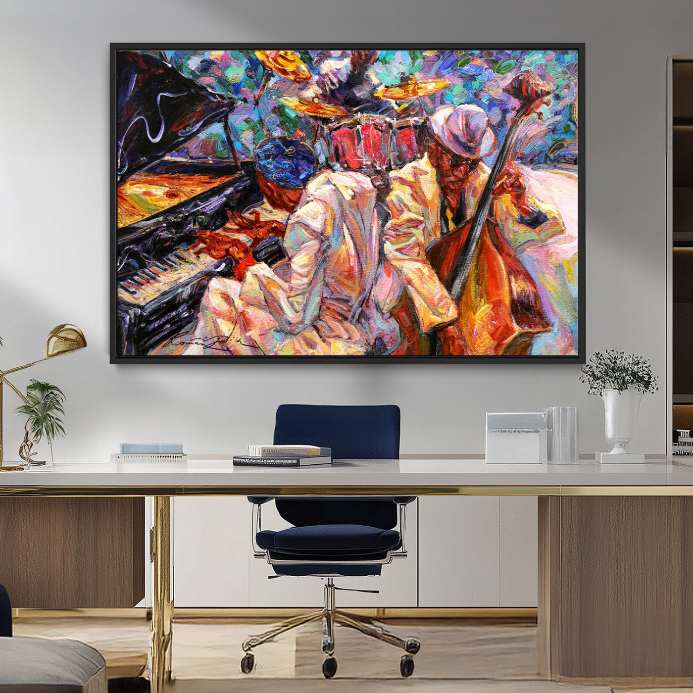 13675-MGV-CV-36X24-Jazz Band Wall Art Canvas Print, Framed Jazz Oil Painting Art Picture Print, Vibrant Music Perfect Abstract Musical Decor Artwork