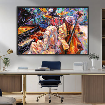 13675-MGV-CV-36X24-Jazz Band Wall Art Canvas Print, Framed Jazz Oil Painting Art Picture Print, Vibrant Music Perfect Abstract Musical Decor Artwork
