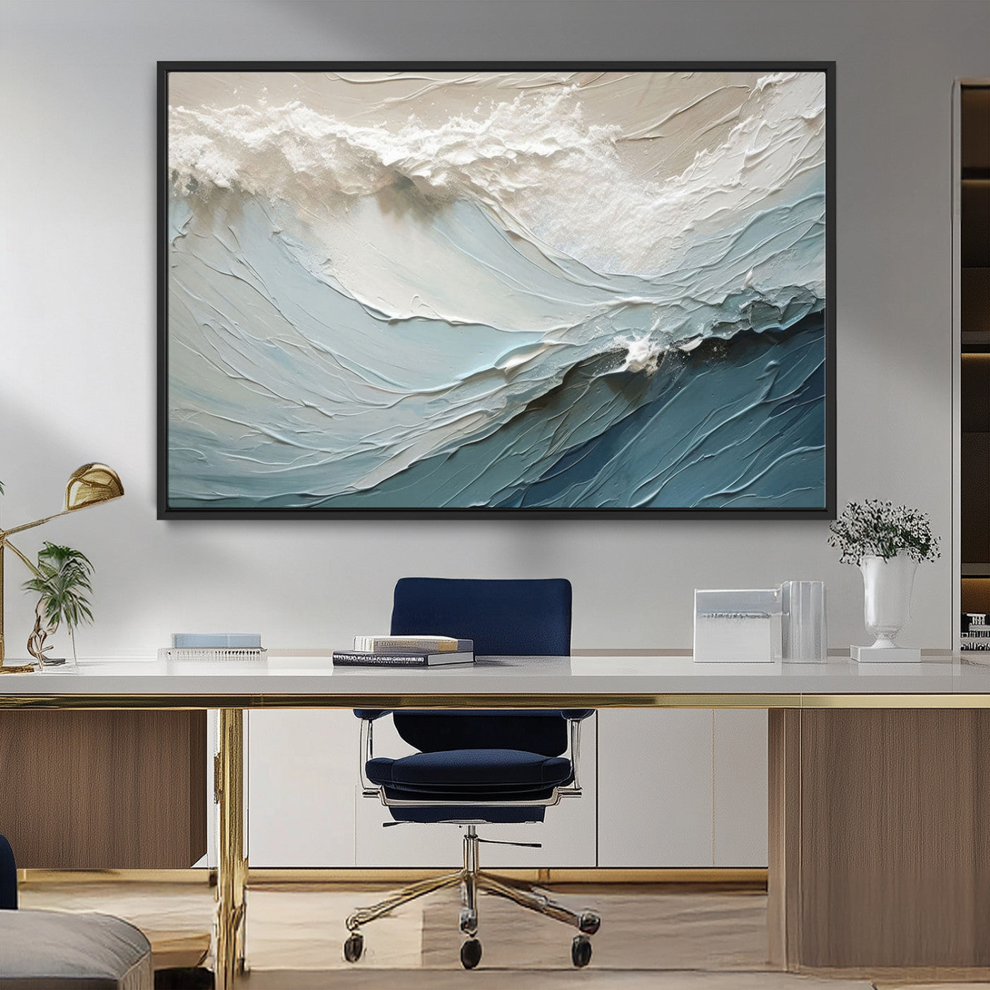 53646-MGV-CV-36X24-Ocean Wave Wall Art Canvas Print, Framed Textured Seascape Art Picture Print, Modern Ocean Perfect Minimal Coastal 2/2 Decor