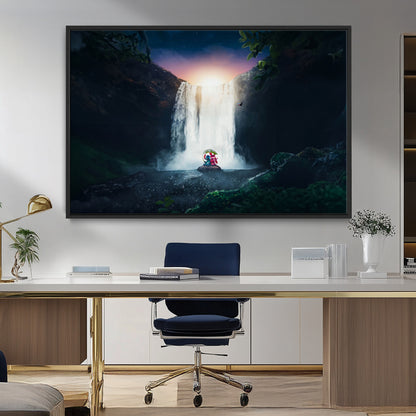 56359-MGV-FC-36X24_Black-Lilo Stitch Wall Art Canvas Print, Framed Stitch Angel Art Picture Print, Cartoon Waterfall Perfect Tropical Fantasy Decor Artwork