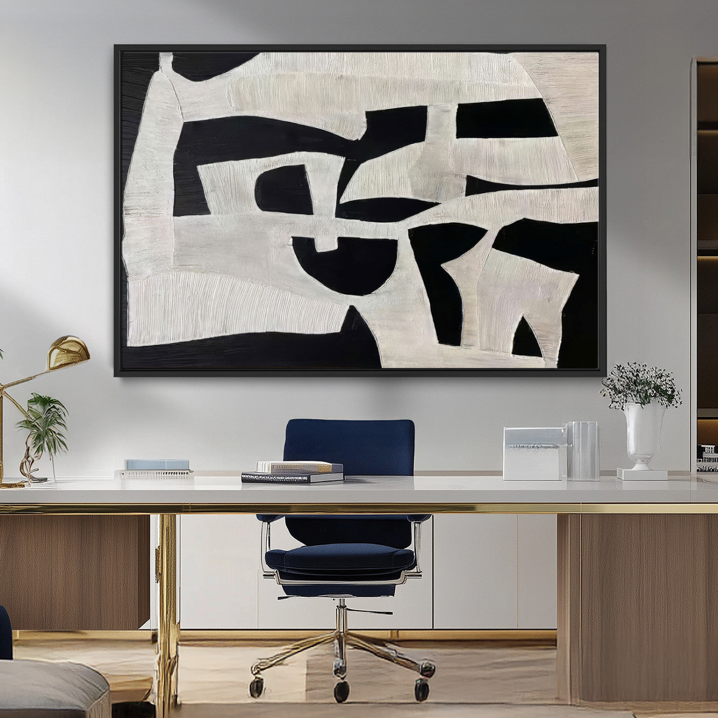 33714-MGV-CV-36X24-Monochrome Design Wall Art Canvas Print, Framed Modern Linework Art Picture Print, Textured Shapes Perfect Monochrome Modern Decor