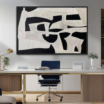 33714-MGV-CV-36X24-Monochrome Design Wall Art Canvas Print, Framed Modern Linework Art Picture Print, Textured Shapes Perfect Monochrome Modern Decor