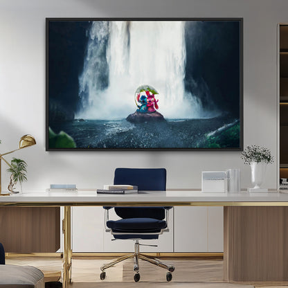 32259-MGV-FC-36X24_Black-Stitch Angel Wall Art Canvas Print, Framed Stitch Waterfall Art Picture Print, Cartoon Couple Perfect Moody Fantasy Decor Artwork