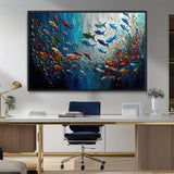 89626-MGV-FC-36X24_Black-Fish Swarm Wall Art Canvas Print, Framed Abstract Ocean Art Picture Print, Underwater Life Perfect Vibrant Coastal Decor Artwork