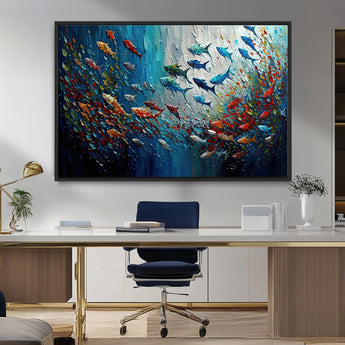89626-MGV-FC-36X24_Black-Fish Swarm Wall Art Canvas Print, Framed Abstract Ocean Art Picture Print, Underwater Life Perfect Vibrant Coastal Decor Artwork