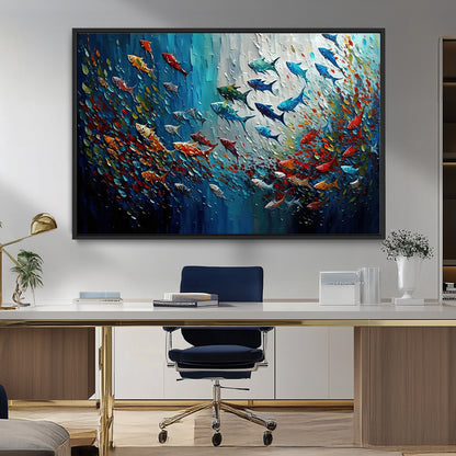 89626-MGV-FC-36X24_Black-Fish Swarm Wall Art Canvas Print, Framed Abstract Ocean Art Picture Print, Underwater Life Perfect Vibrant Coastal Decor Artwork