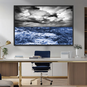 91043-MGV-FC-36X24_Black-Stormy Ocean Wall Art Canvas Print, Framed Moody Seascape Art Picture Print, Monochrome Sea Perfect Coastal Drama Decor Artwork