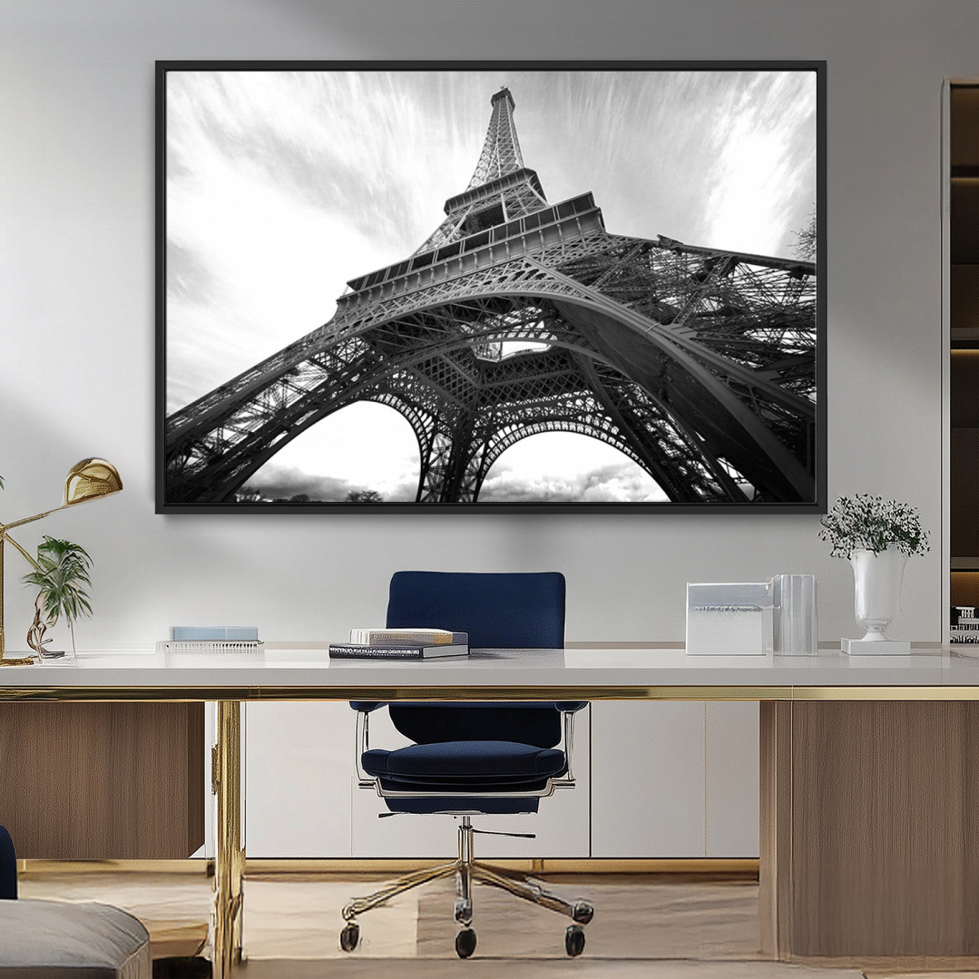40006-MGV-CV-36X24-Eiffel Tower Wall Art – Black and White Architectural Photo Print, Paris Inspired Decor for Bedroom, Office, Studio or Modern