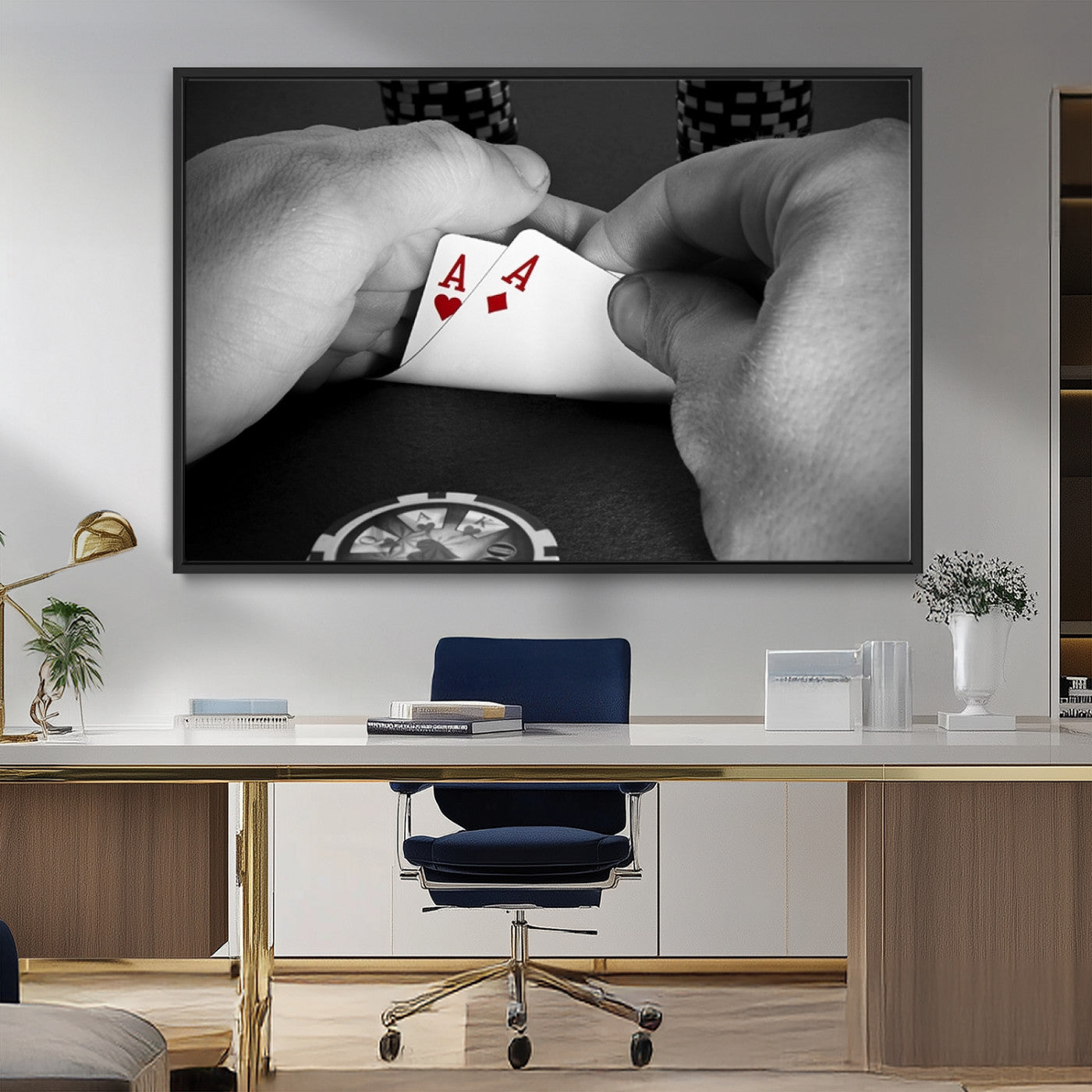 62460-MGV-CV-36X24-Poker Game Wall Art – Close Up of Hands Holding Aces with Chips, Casino Style Decor for Game Room, Man Cave or Office