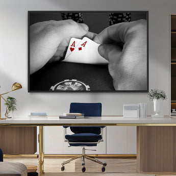 62460-MGV-CV-36X24-Poker Game Wall Art – Close Up of Hands Holding Aces with Chips, Casino Style Decor for Game Room, Man Cave or Office