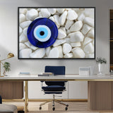 48883-MGV-FC-36X24_Black-Evil Eye Wall Art – Deep Blue Symbol of Presence and Calm on White Stones, Subtle Spiritual Decor for Entryway, Studio, Office or