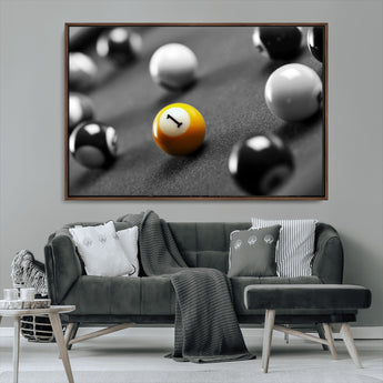 52108-MGV-CV-36X24-Precision Pool Table Wall Art – Close Up Yellow 1 Ball Canvas Print, Hand-Played Billiards Game Decor for Office, Game Room, or