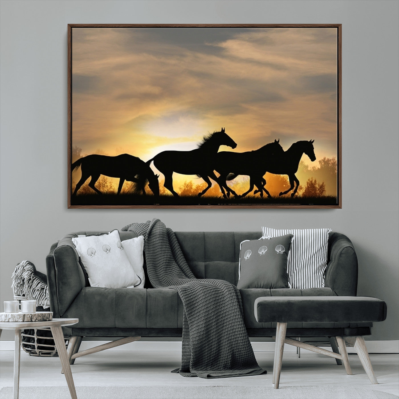 16620-MGV-FC-36X24_Walnut-Sunset Stallions Wall Art – Silhouetted Horses Running Canvas Print, Nature’s Rhythm, Perfect for Living Room, Office, or Man Cave