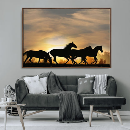 16620-MGV-FC-36X24_Walnut-Sunset Stallions Wall Art – Silhouetted Horses Running Canvas Print, Nature’s Rhythm, Perfect for Living Room, Office, or Man Cave